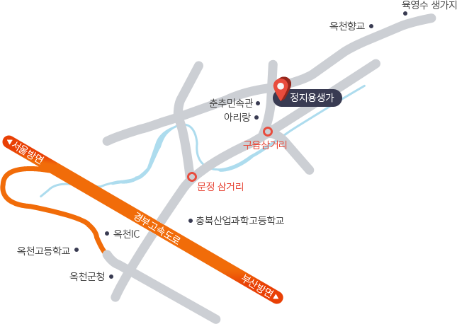 정지용 생가 지도로 옥천군청방면-옥천군청사거리,옥천고등학교,옥천IC,문정삼거리,구읍삼거리,아리랑,춘추민속관 맞은편에 정지용 생가가있습니다. 부산,서울방면-경부고속도로,문정삼거리,구읍삼거리,아리랑,춘추민속관 맞은편에 정지용생가가 있습니다. 석탄리방면-구읍삼거리,아리랑,춘추민속관 맞은편에 정지용 생가가 있습니다. 보은방면- 문정삼거리, 구읍삼거리,아리랑,춘추민속관 맞은편에 정지용 생가가 있습니다. 정지용 생가에서 마당넓은 집을 지나면 옥천향교, 육영수 생가지도 있습니다.