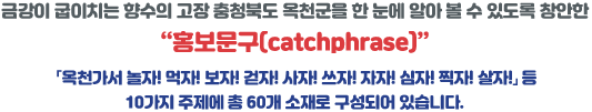 금강이 굽이치는 향수의 고장 충청북도 옥천군을 한 눈에 알아 볼 수 있도록 창안한 “홍보문구(catchphrase)” 「옥천가서 놀자! 먹자! 보자! 걷자! 사자! 쓰자! 자자! 심자! 찍자! 살자!」 등 10가지 주제에 총 60개 소재로 구성되어 있습니다.
