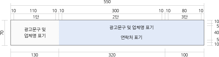 2단 구성현수막으로 총 길이 가로 550, 세로 70. 구성으로 광고문구 및 업체명 표기(1단)와 광고문구 및 업체명 표기+연락처표기(2단)으로 되어있습니다. 광고문구 및 업체명 표기 영역은 가로 130, 세로 70으로 좌우 안쪽여백 각각 10이며 그 중 텍스트 영역 사이즈는 110으로 구성되어 있고, 광고문구 및 업체명 표기 영역은 2단, 3단을 합친 구성으로 되어 있으며 2단은 가로 320, 세로 70으로 그 중 텍스트 영역 사이즈는 300, 3단은 가로 100, 세로 70이며 텍스트 영역 사이즈는 80이며, 2단과 3단 모두 상하좌우 안쪽여백 각각 10, 상하 안쪽여백은 최대 15까지 넣을 수 있습니다.